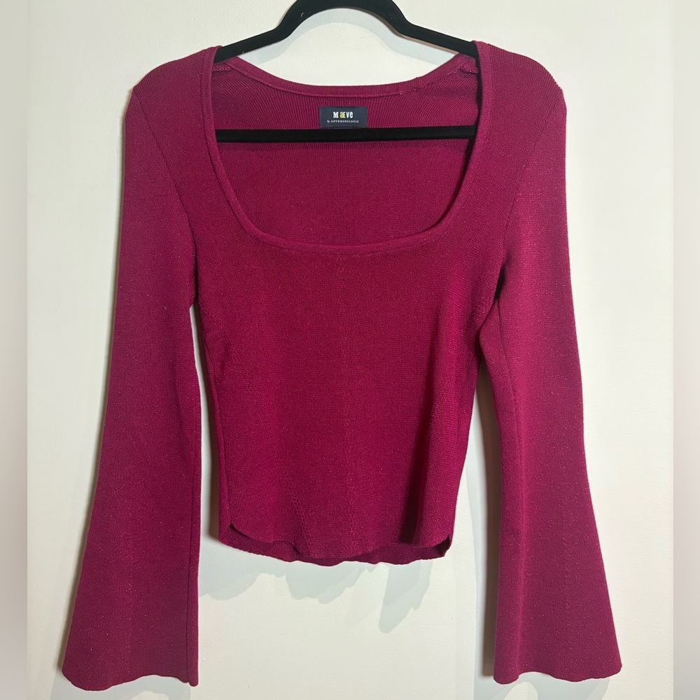 Anthropologie Maeve Shimmery Square-Neck Bell-Sleeve Sweater Raspberry Sz Small - Picture 5 of 10